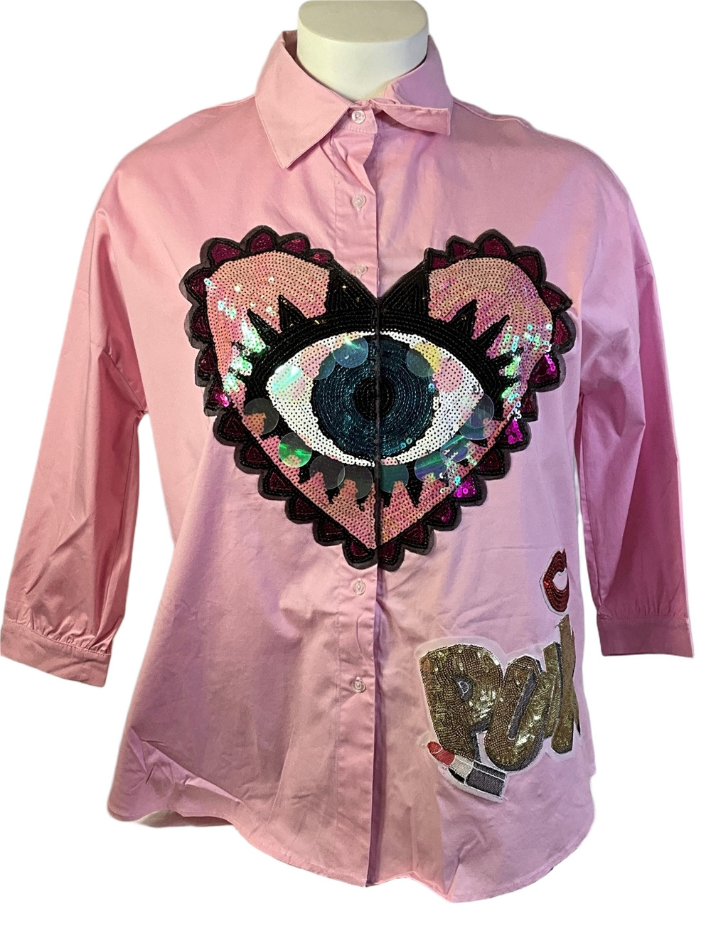 UPS&Downs Large Oversized Button Down Graphic Sequin 3/4 Sleeve Dress Shirt NWOT